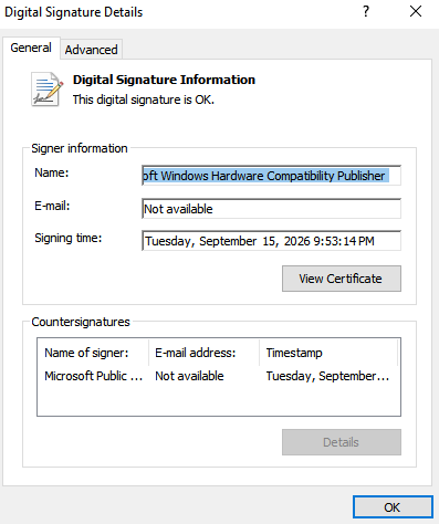Microsoft WHCP digital signature for the loader
