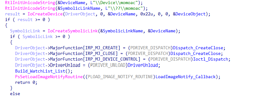 DriverEntry creating momoac device and registering callbacks