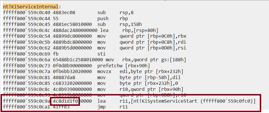 Locating the nt!KiSystemServiceStart function